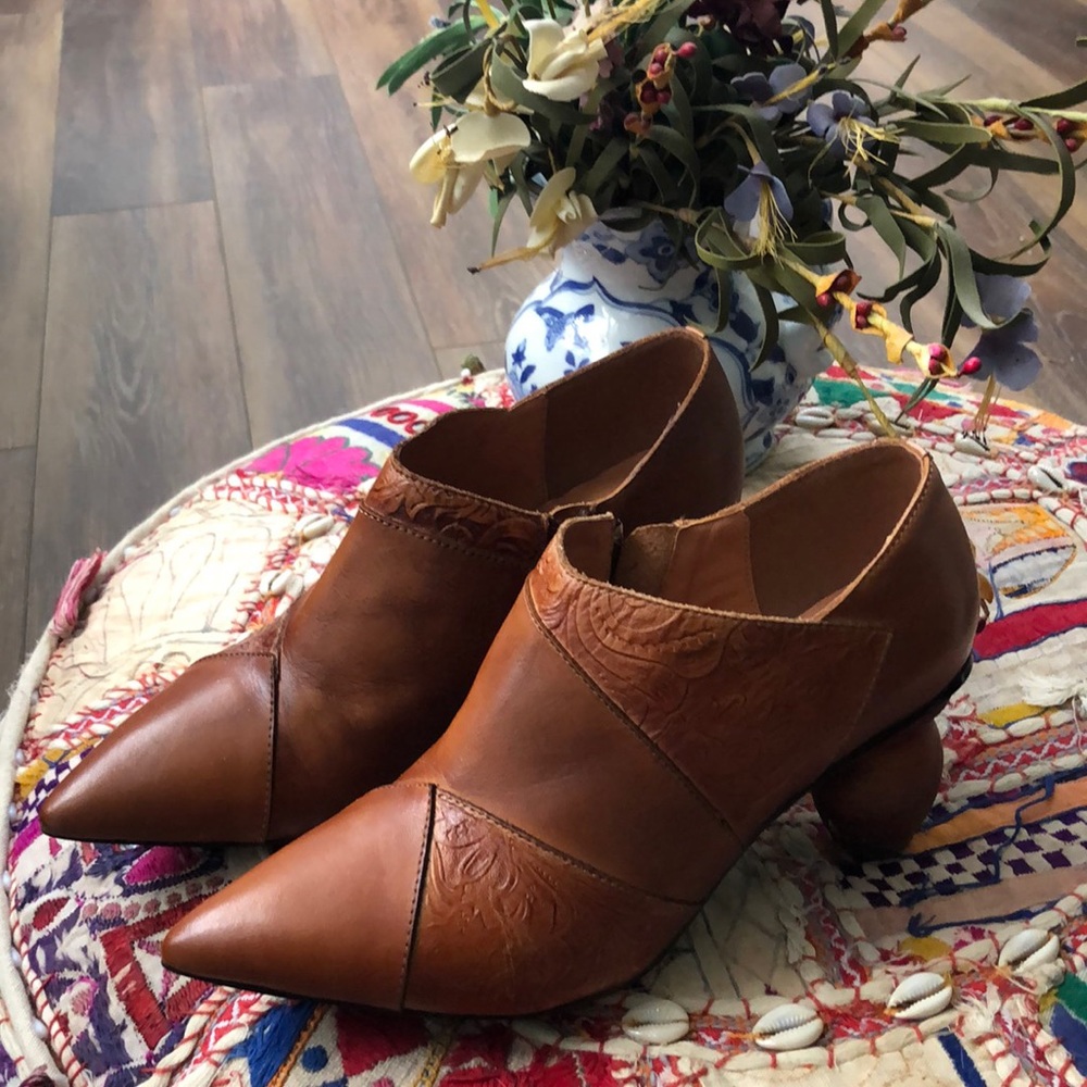 Nearly brand new, heeled, leather, embossed, Light Brown shoes/low boots.